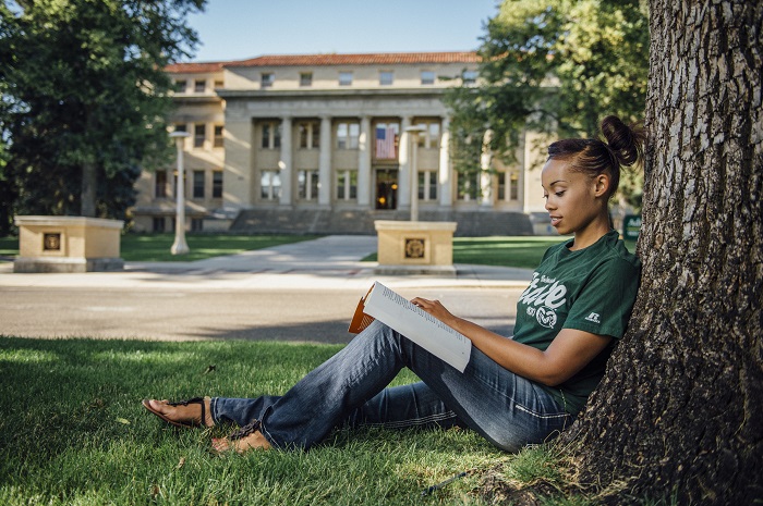 Student studying on the Oval